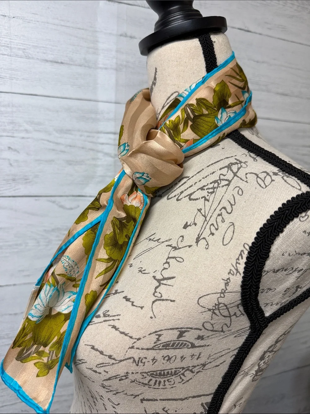 XIIX Karet Floral Silk Scarf with Turquoise Trim